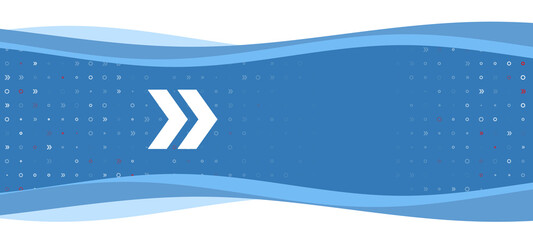 Blue wavy banner with a white double arrow symbol on the left. On the background there are small white shapes, some are highlighted in red. There is an empty space for text on the right side