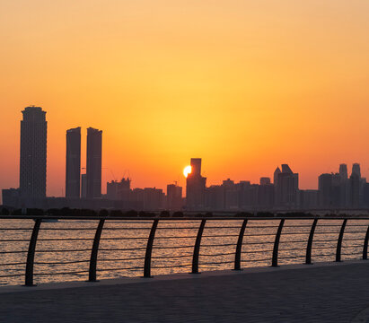 Dubai, UAE - 12.03.2021 View of Dubai skyline, shot made from Jadaf walk.City