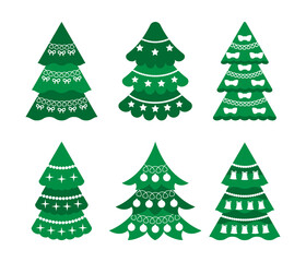 Set of decorated Christmas trees with balls, bows, stars, bells, garland. New Year decoration