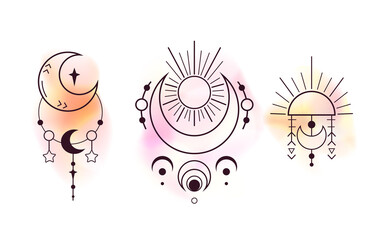 Vector set of esoteric symbol with yellow blurry stains. Contour space sacred decoration with paint drips. Witchcraft ornament with stars. Outline magic elements with crescent and sun for card