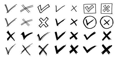 Tick and cross black signs. Gray checkmark OK and X icons, isolated on white background. Simple marks graphic design. Circle symbols YES and NO button for vote, decision, web. Vector illustration.