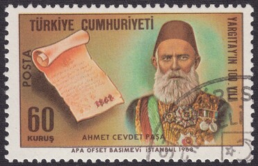 Portrait of Ahmed Cevdet Pasha - Ottoman scholar-historian, jurist, scientific writer. 100th anniversary of Supreme Court, stamp Turkey 1968
