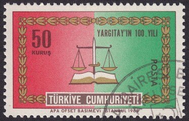 Scales and the Statute of the Court of Appeal. 100th anniversary of Supreme Court, stamp in Turkey 1968