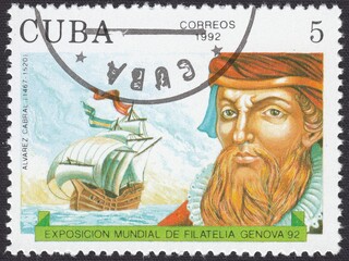 Portrait of Pedro Alvares Cabral - Portuguese nobleman, military commander, captain and explorer, stamp Cuba 1992