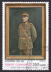 Portrait of Kemal Ataturk - Ottoman and Turkish statesman, political and military figure. Picture in a frame, stamp Turkey 1968