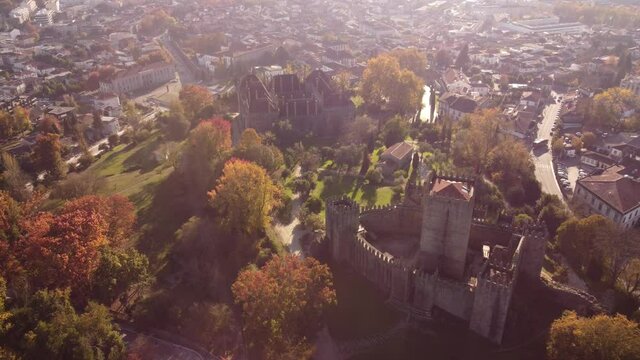 Aerial view of old stone castle in guimares Portugal city old town during sunset, travel destination
