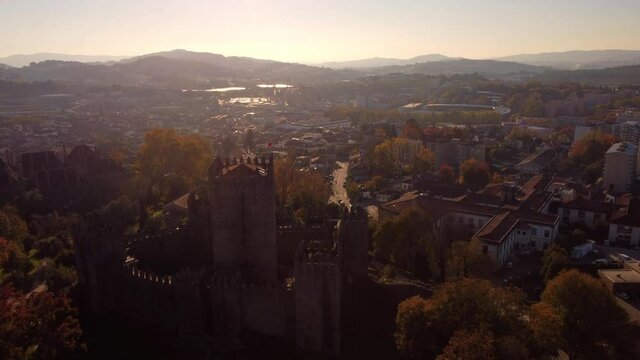 Drone footage of medieval castle in guimares old town in Portugal travel tourist attraction destination