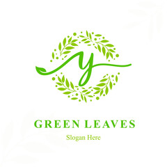 Elegant Creative Modern Initial y Letter with Circle Leaves Frame for Eco Friendly Fashion, Beauty Cosmetic, Make up, Soap, Environment Consultant Service Business Logo Vector Idea Design