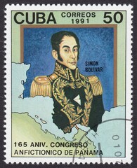 Portrait of Simon Bolivar - statesman, politician and military figure. 165th anniversary of the Panama Congress, stamp Cuba 1991