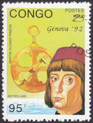 stamp printed in Congo, shows Portrait of Martin Alonso Pinzon - Spanish shipowner, navigator and discoverer of new lands, stamp Congo 1992
