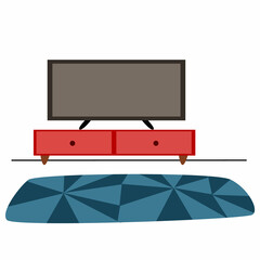 The interior of a cozy living room. TV, chest of drawers and carpet. Vector flat illustration