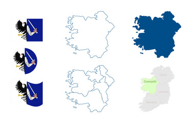 Connacht map. Province of Ireland. Detailed blue outline and silhouette. Administrative divisions and counties. Country flag. Set of vector maps. All isolated on white background. Template for design.