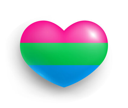 Polisexual pride flag of heart shape, glossy badge. Lgbtq flag, official symbol of polisexual community realistic vector illustration. Tolerance, freedom, rights, equality 3d button