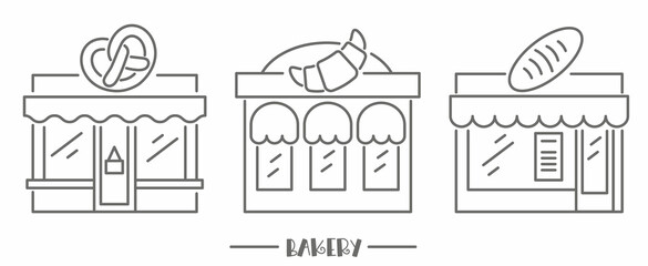 Bakery shop icons. Patisserie front with signboard. Pastry store. Facade of market. Outline vector set.