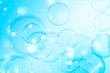 Beautiful Transparent Shiny Blue Soap Bubbles Background. Celebration, White Bokeh Bubbles Backdrop. Christmas Wallpaper.