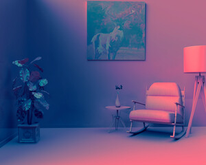 Interior room in gradient of pink and blue with chair, plant and floor lamp. 3D rendered