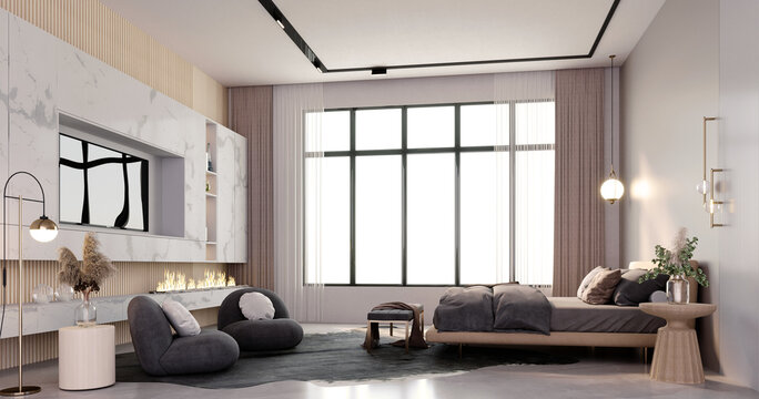 3d rendering,3d illustration, Interior Scene and  Mockup,A hotel-style bedroom in gray-brown tones, two gray stools on the floor and a simulated electric fireplace.