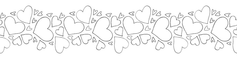 Vector edging, ribbon, border from outline hearts. Nature, spring, summer seamless pattern, ornament, decoration on love romance theme