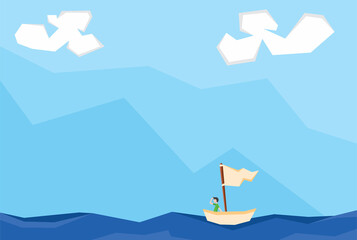 An illustration of a man sailing in the sea with blue sky