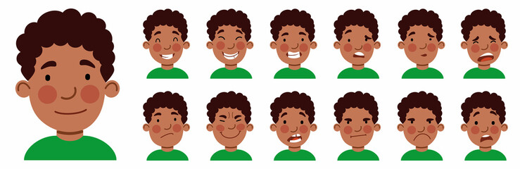 A set of male emotions. The expression on his face. An African-American guy is an Avatar . Vector illustration of a flat drawing on a white isolated background.