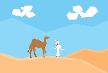 An illustration of an Arabic people and his camel in the desert