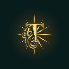 Letter T. Glowing Golden Monogram. Bright Star with Rays. Elegant Calligraphic Logo. Creative Art Design. Luxury Template for Brand Name, Business Card, Boutique, Restaurant, Club. Vector Illustration