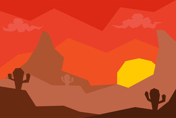 Simple landscape illustration of sunset scene in the desert