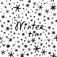 Vector seamless pattern from snowflakes in doodle style with lettering - Winter time. Season, christmas, new year background and texture. Snowfall, falling snow, blizzard
