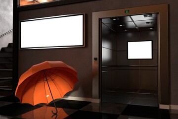 Blank advertising lightboxes in the elevator and on the wall. Composition with an orange umbrella. 3d illustration