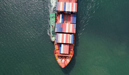 Fototapeta premium Aerial view of container transportation business, import-export, logistics, transportation by large cargo ships international trade concept.