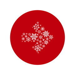 white right arrow made of snowflakes and stars. Vector icon isolated on red background.