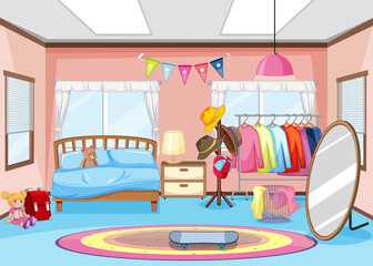 Girl bedroom interior scene with clothes rack