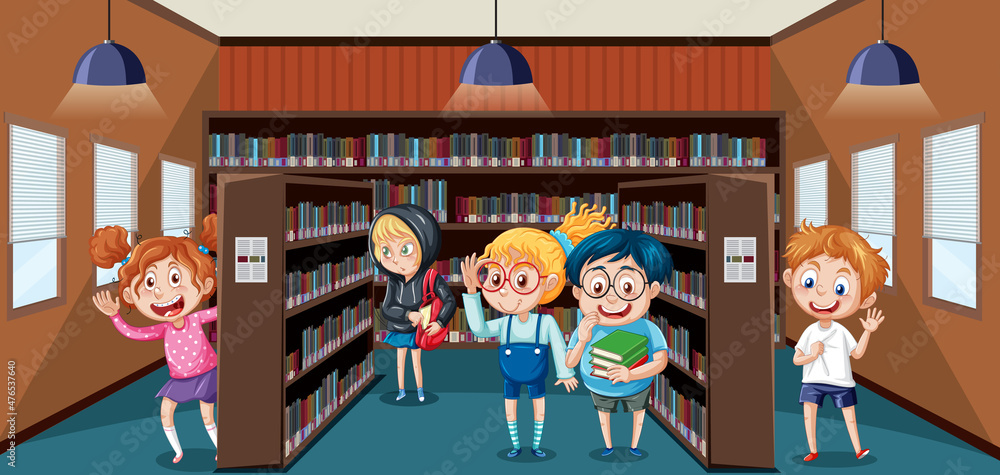 Poster School library scene with happy children