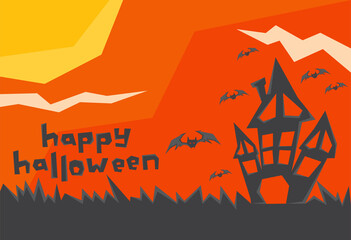 Happy Halloween text and illustration of silhouette haunted house and some bat flying under the moon light