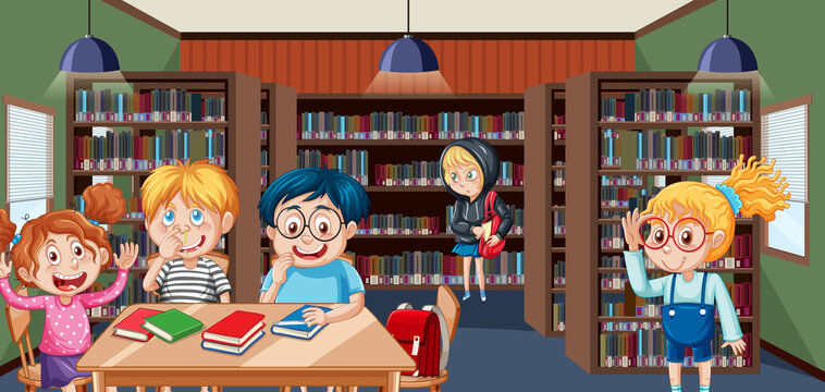 Children in school library scene