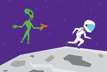 Fototapeta na wymiar An illustration of an astronaut walking in the moon, ambushed by aliens