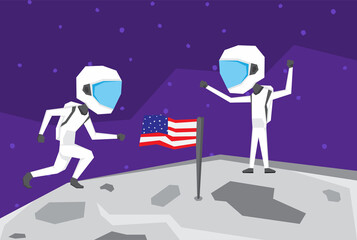 An illustration of two astronaut raising American flag in the moon