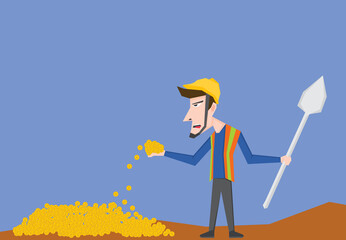 An illustration of a gold miner holding some gold coin