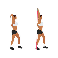 Woman doing Resistance band tricep overhead extensions exercise. Flat vector illustration isolated on white background