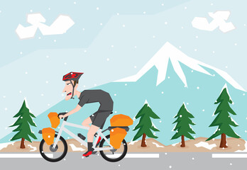 An illustration of man riding touring bike on the road with snow scene