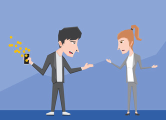 An illustration of business man and woman discuss each other