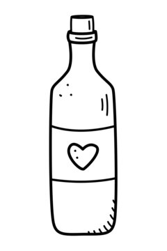 A bottle of wine with a heart on the label. Doodle vector illustration, Valentine's day holiday sticker icon.