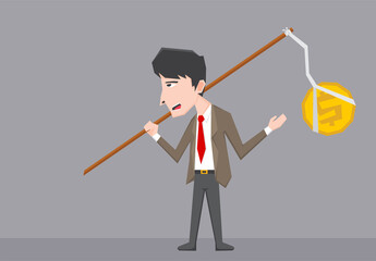 An illustration of businessman holding a gold coin with stick