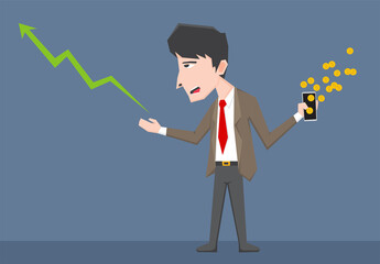 An illustration of businessman get some gold coin on the smartphone