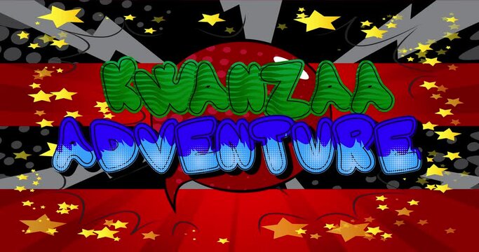Kwanzaa Adventure. Motion poster. 4k animated Comic book word text moving on abstract comics background. Retro pop art style.