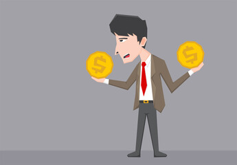 An illustration of businessman holding two gold coin