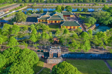 Wonderful view of the Truong Sanh palace within the Citadel in Hue, Vietnam. Imperial Royal Palace of Nguyen dynasty in Hue. 