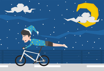 An illustration of a boy with pajama riding bike and doing freestyle in the  night