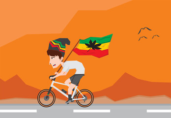 An illustration of a boy with Jamaican style riding bike and carrying a Jamaican flag