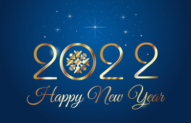 2022 Happy New Year. Stylized gold lettering on a blue background. Vector illustration